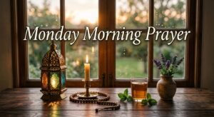 Monday morning prayer with a prayer journal, Bible, wooden cross, and warm morning light