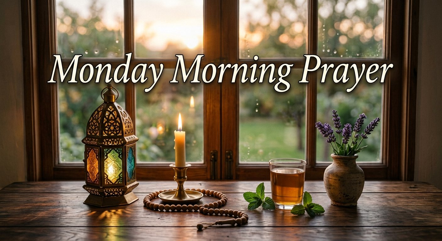 Monday morning prayer with a prayer journal, Bible, wooden cross, and warm morning light