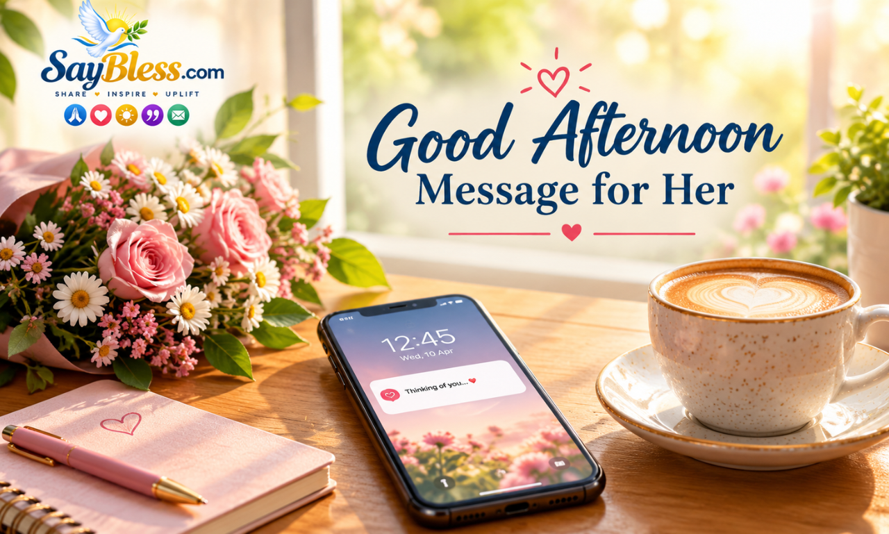 Good Afternoon Message for Her – romantic afternoon message with flowers, coffee, and smartphone